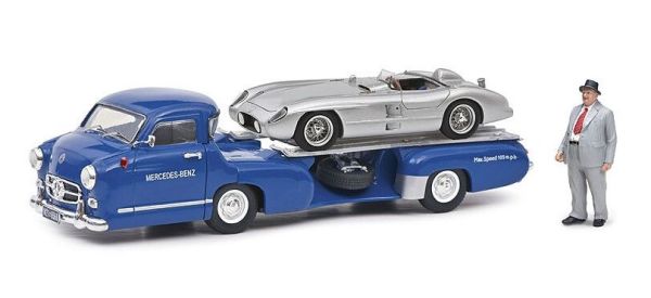 SCH03768 - Portacoches MERCEDES azul con MERCEDES 300 SLR gris con figurita - 1