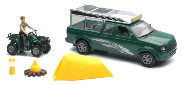 NEW37385A - Caja con una Pick-up verde; un personaje; un quad y accesorios Escala: 1/18 - 1