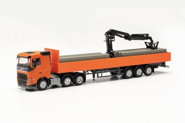 HER316088 - VOLVO FH FD 6x2 con plataforma de 3 ejes y grúa de descarga naranja - 1