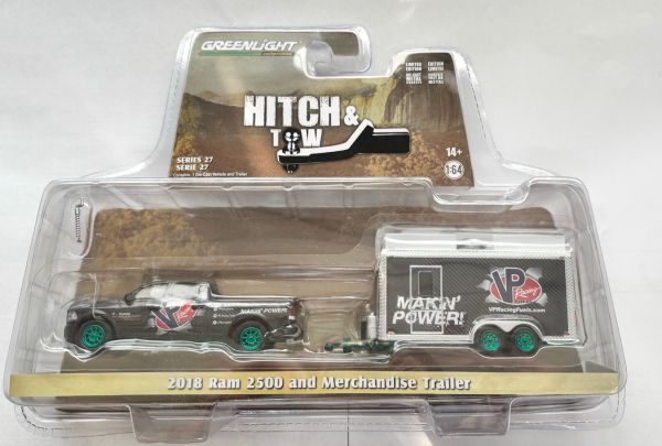 GREEN32270-C_VERT - DODGE RAM 2500 VP-RACING FUELS-MAKIN con ruedas verdes y remolque HITCH & TOW en blister - 1