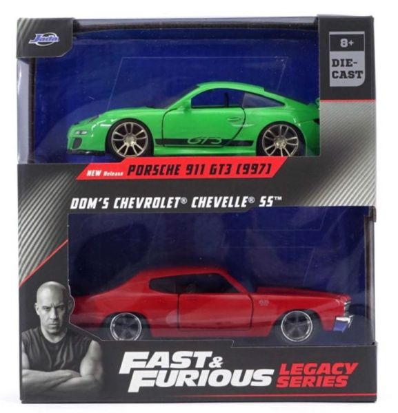 JAD35692 - Twin Pack - PORSCHE 911 GT3 RS verde con CHEVROLET Chevelle rojo - FAST and FURIOUS - 1