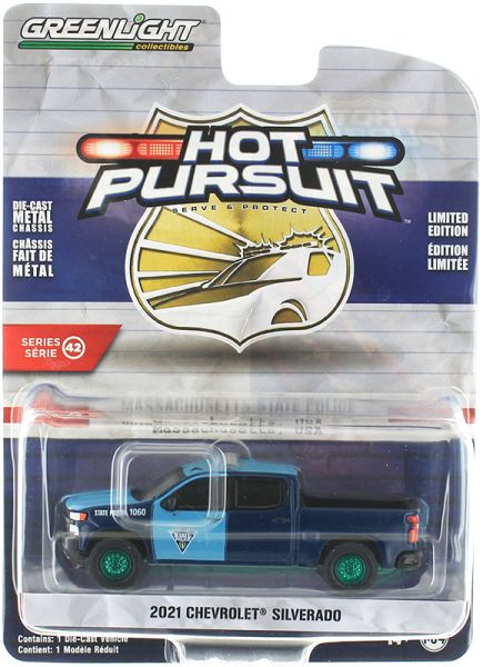 GREEN43000-EVERT - CHEVROLET Silverado con ruedas verdes 2021 Massachusetts State Police de la serie HOT PURSUIT en blister - 1