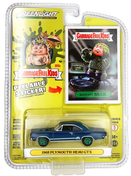 GREEN54090-AVERT - 1968 PLYMOUTH Hemi GTX Azul con ruedas verdes de la serie GARBAGE PAIL KIDS en blister - 1