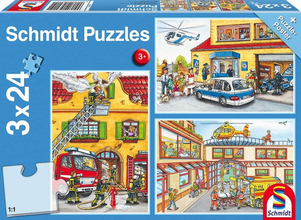 SCM56215 - 3 Puzzles de Bombero y Policía de 24 piezas con póster - 1