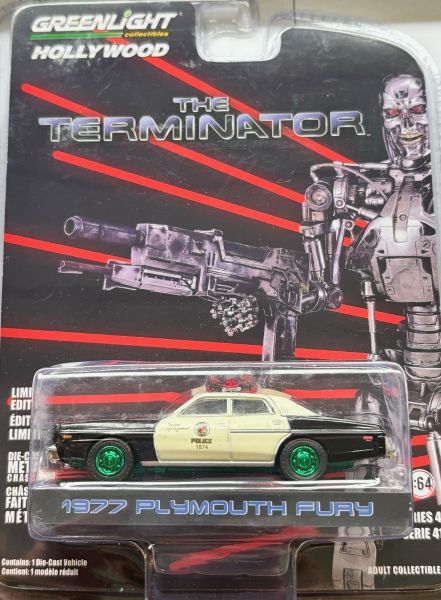 GREEN62020-AVERT - PLYMOUTH Fury 1977 Policía con ruedas verdes de la película TERMINATOR blister cardado - 1