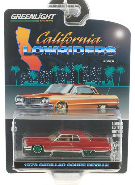 GREEN63040-EVERTE - CADILLAC coupé Deville 1973 Burdeos con llantas verdes de la serie CALIFORNIA LOWRIDERS en blister - 1