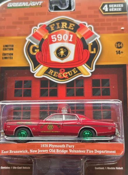 GREEN67050-BVERT - PLYMOUTH Fury 1976 con llantas verdes Cuerpo de bomberos de Nueva Jersey de la serie FIRE & RESCUE en blister - 1