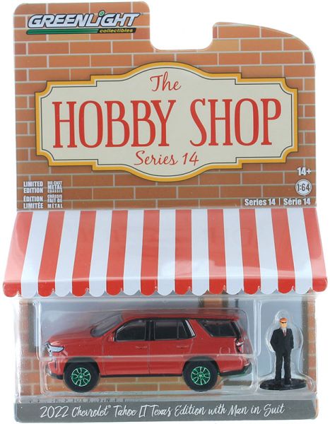 GREEN97140-F_VERT - CHEVROLET Tahoe LT Texas Edition 2022 con llantas verdes y hombre en traje de la serie THE HOBBY SHOP en blister - 1