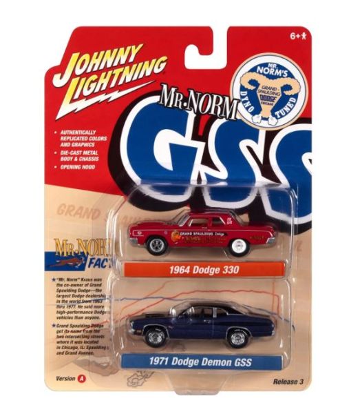 JLPK019A-1 - DODGE 330 1964 rojo y DODGE Demon GSS 1971 azul - Mr. NORM - de la serie TWIN PACK 2022 A en blister - 1