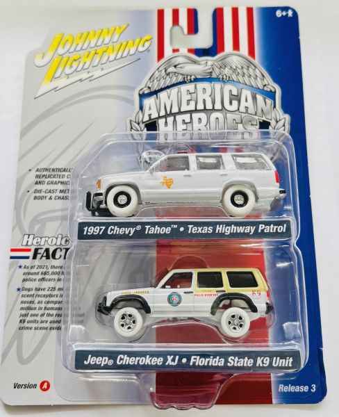 JLPK019A-3 - CHEVROLET Tahoe 1997 - Texas Highway Patrol y JEEP Cherokee XJ - Florida State K9 Unit - AMERICAN HEROES - del TWIN PACK 2022 serie A en blister - 1