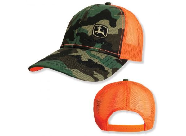 MC13080880CA - Gorra con parte posterior de malla de marca comercial JOHN DEERE patrón de camuflaje y naranja - 1