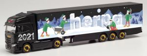 HER314176 - IVECO S-Way 4x2 con remolque de furgoneta 3 ejes Navidad HERPA 2021