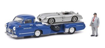 SCH03768 - Portacoches MERCEDES azul con MERCEDES 300 SLR gris con figurita