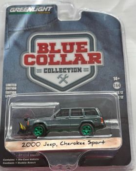 GREEN35260-E_VERT - JEEP Cherokee sport 2000 con quitanieves y llantas verdes de la serie BLUE COLLAR en blister