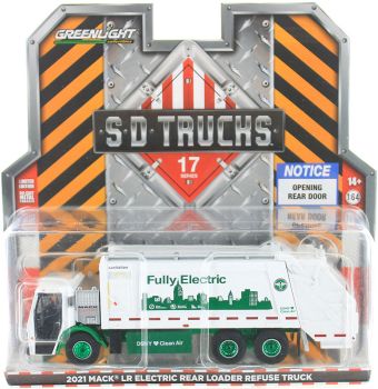 GREEN45170-CVERT - Camión de basura MACK LR Electric de Nueva York 2021 con llantas verdes de la serie SD TRUCKS en blister