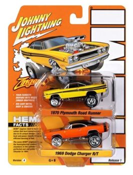 JLPK020A-2 - PLYMOUTH Road Runner 1970 amarillo y DODGE Charger R/T 1969 naranja de la serie HEMI en blister